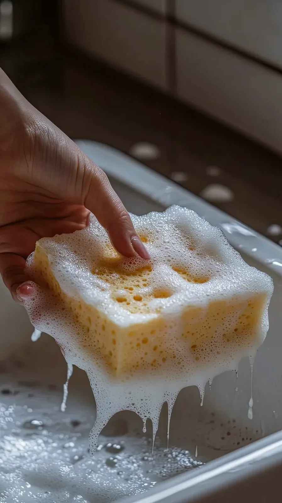 A soapy sponge being rinsed over a sink basin