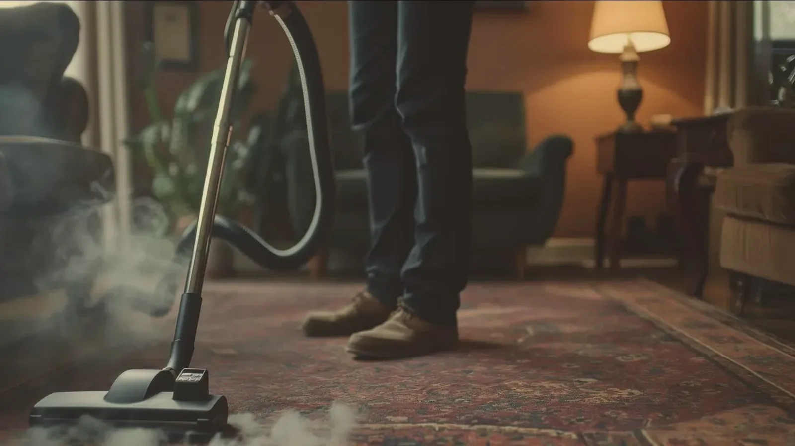 A steam cleaner being run over a living-room rug