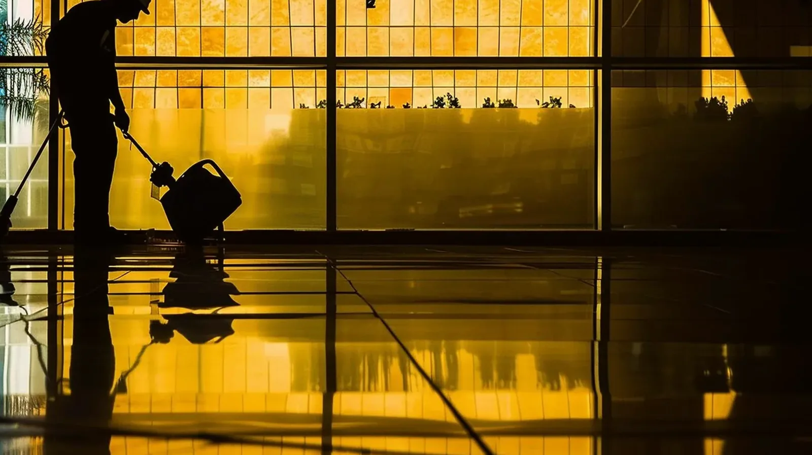 A cleaner mopping a polished lobby floor against lit windows at dusk