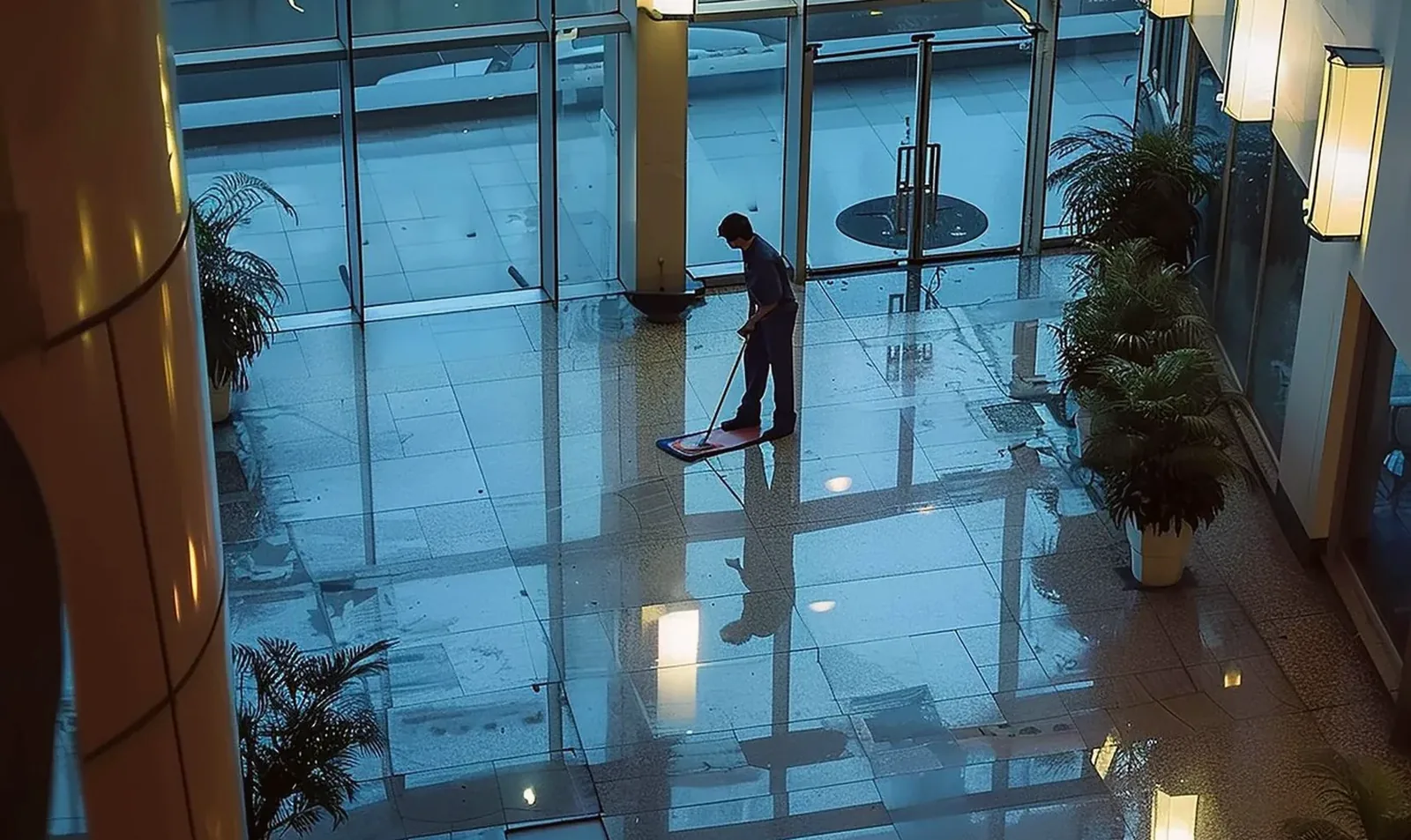 A cleaner working across a wide tiled atrium floor seen from above