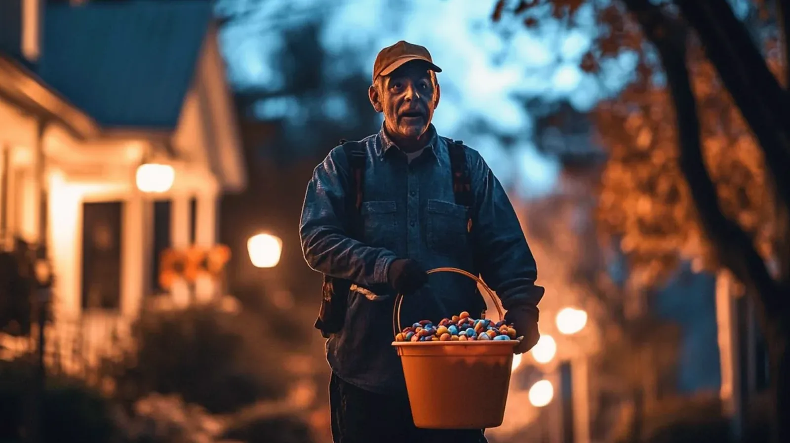 A cleaner carrying a bucket of supplies along a quiet residential street at night