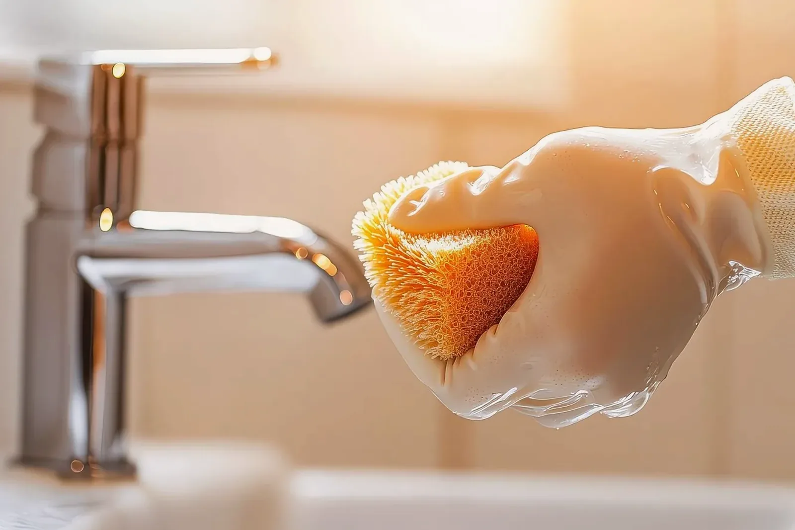 A gloved hand wiping a bathroom tap with a sponge