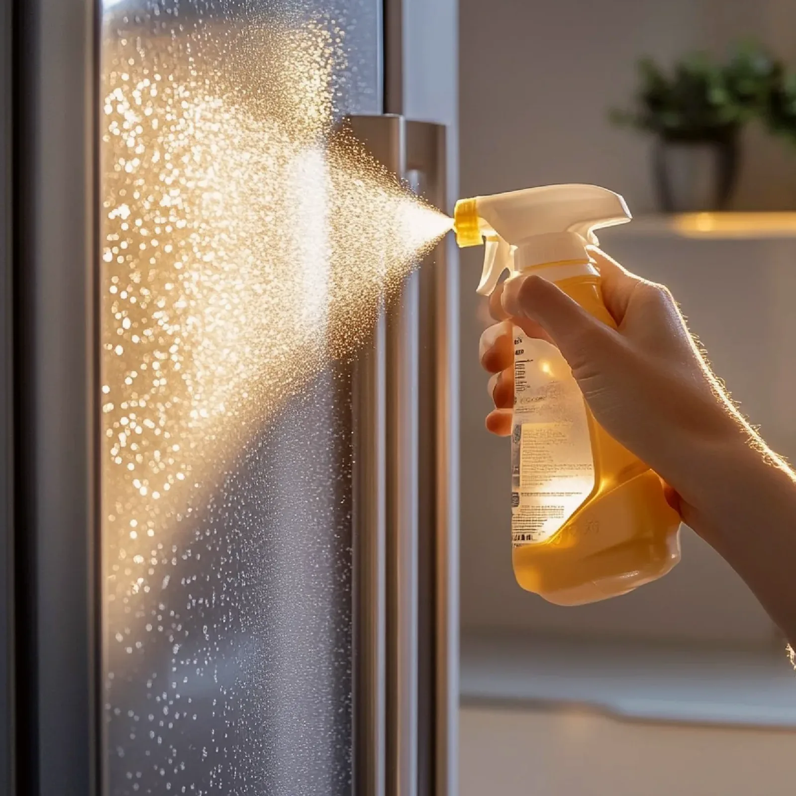 Cleaning spray misting across a glass surface